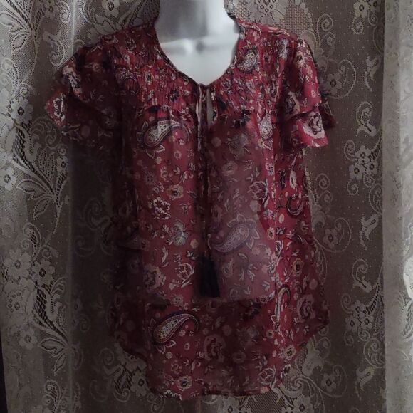New Knox Rose XS sheer red‎ Paisley floral Boho top flutter sleeve tassel tie - Picture 1 of 10